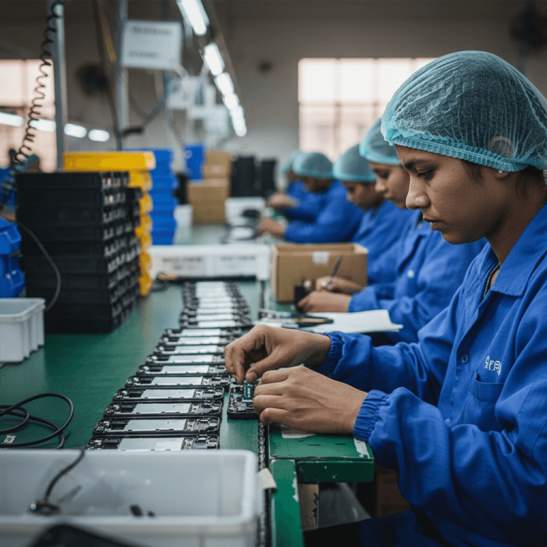A focused worker in a blue uniform and hairnet meticulously assembles mobile phone components on a green workbench.