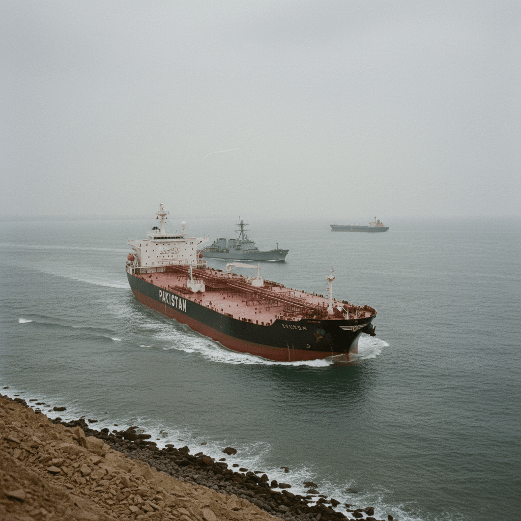 A large oil tanker with "PAKISTAN" on its side moves through the ocean, followed by a warship and another tanker.