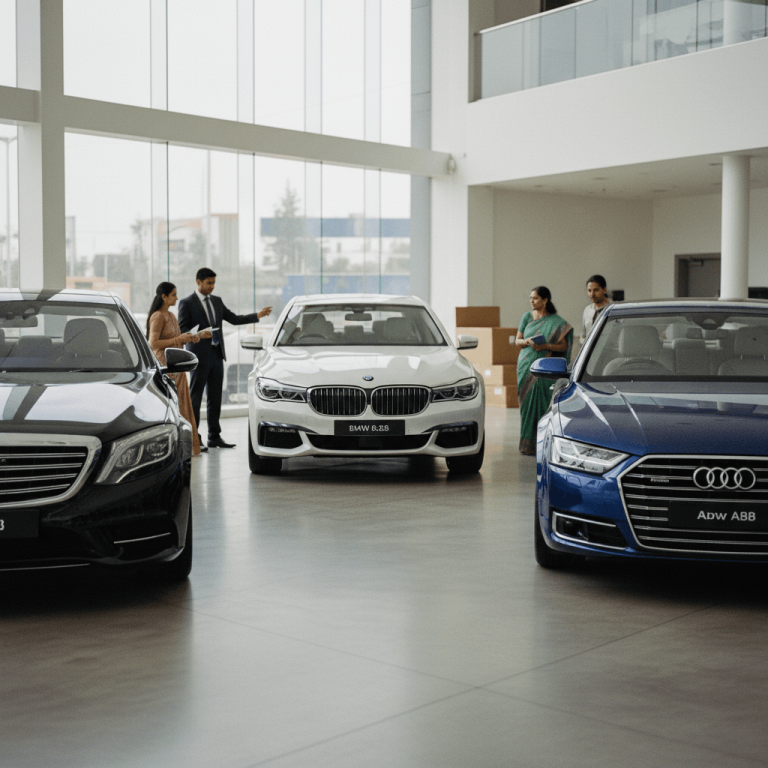A wide shot of a luxury car showroom in India, featuring Mercedes-Benz, BMW, and Audi vehicles with customers and staff.