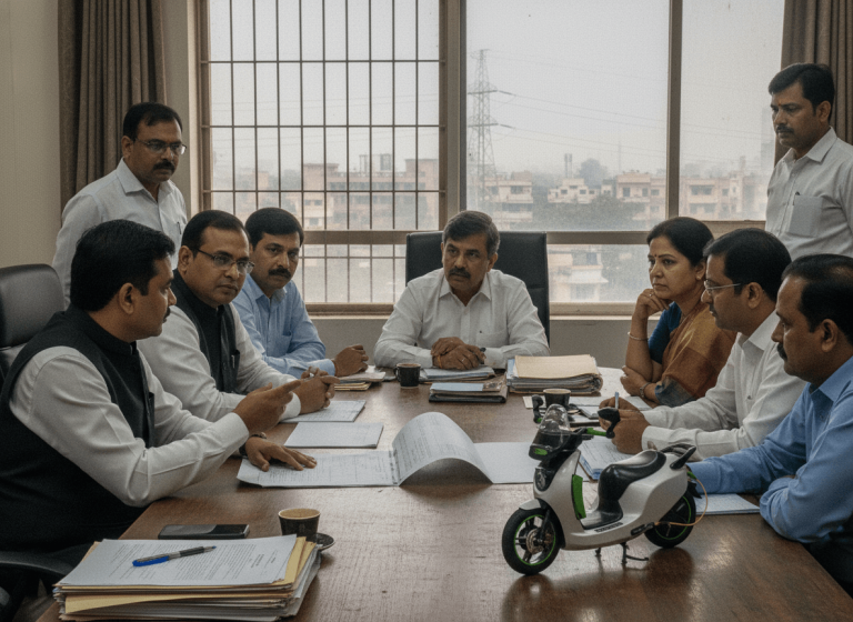 Government officials in Delhi, India, convene in a meeting room, intensely discussing policy around a table.