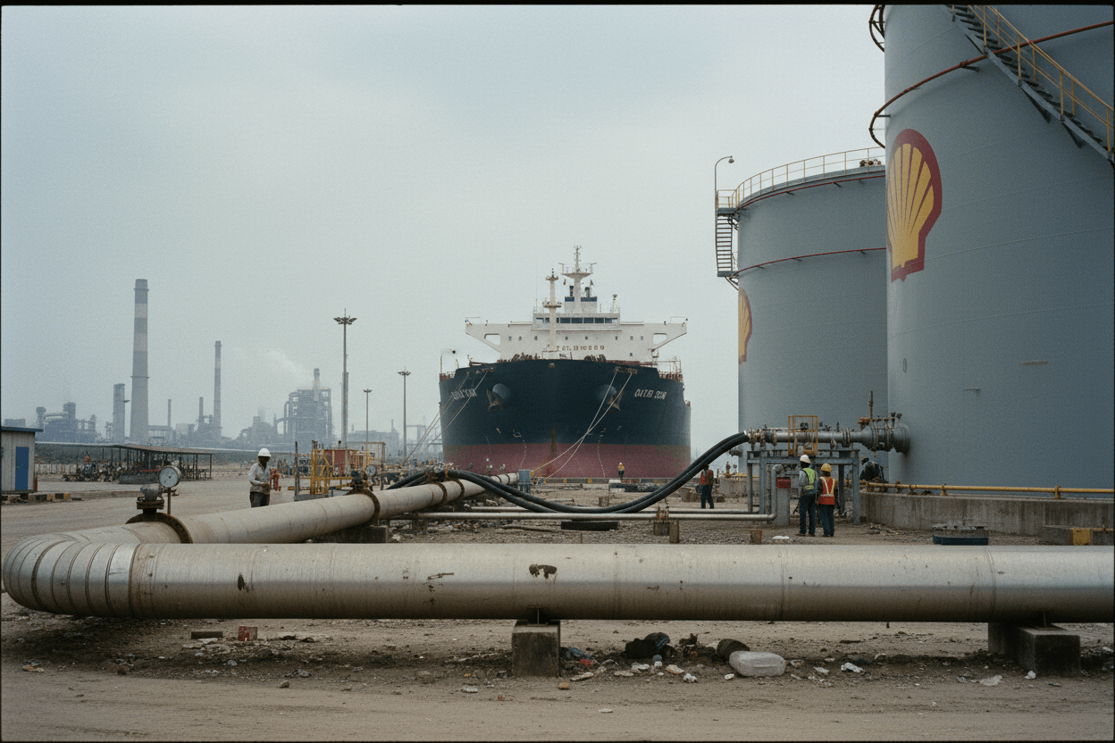 A large Shell LNG tanker is docked at an industrial port in India, with large storage tanks and workers visible.