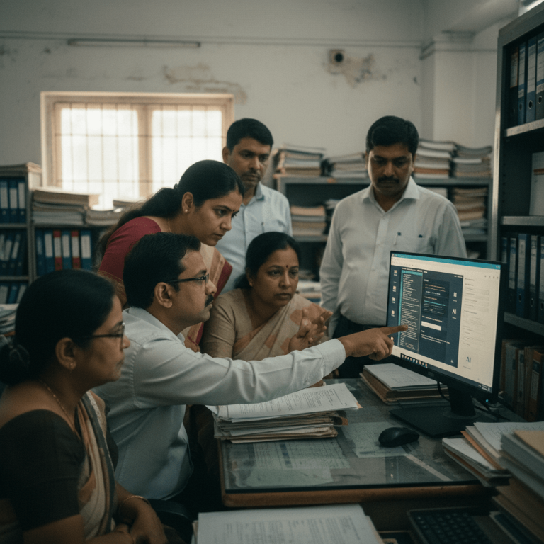 A group of five Indian government officials gathered around a computer screen in a busy office, focused on the display.