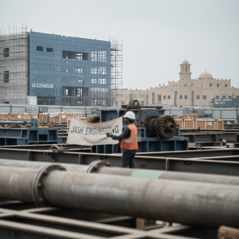A construction worker stands amid industrial pipes and machinery at a Jash Engineering site under an overcast sky.