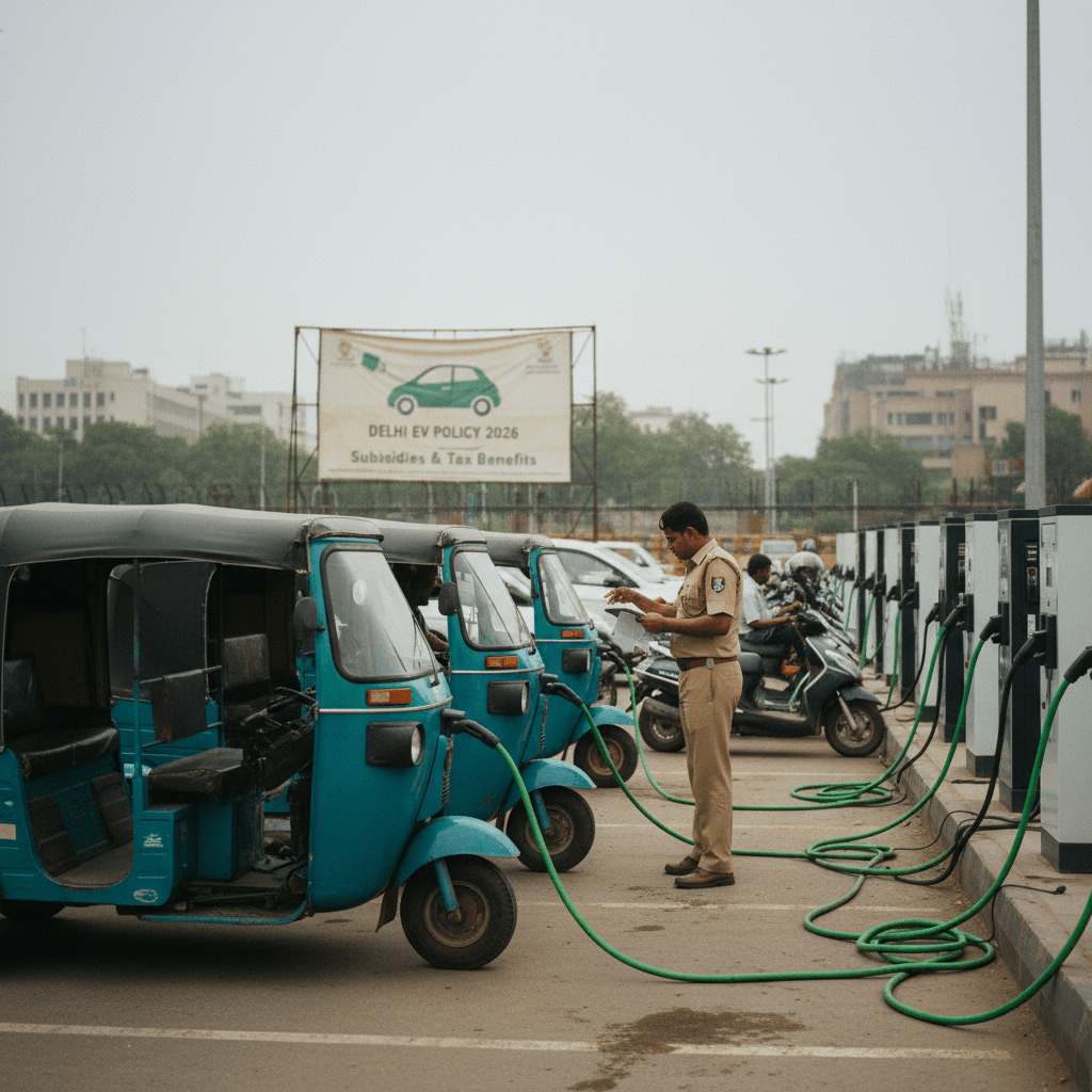 A Delhi traffic police officer stands among electric auto-rickshaws and charging stations, reviewing documents.