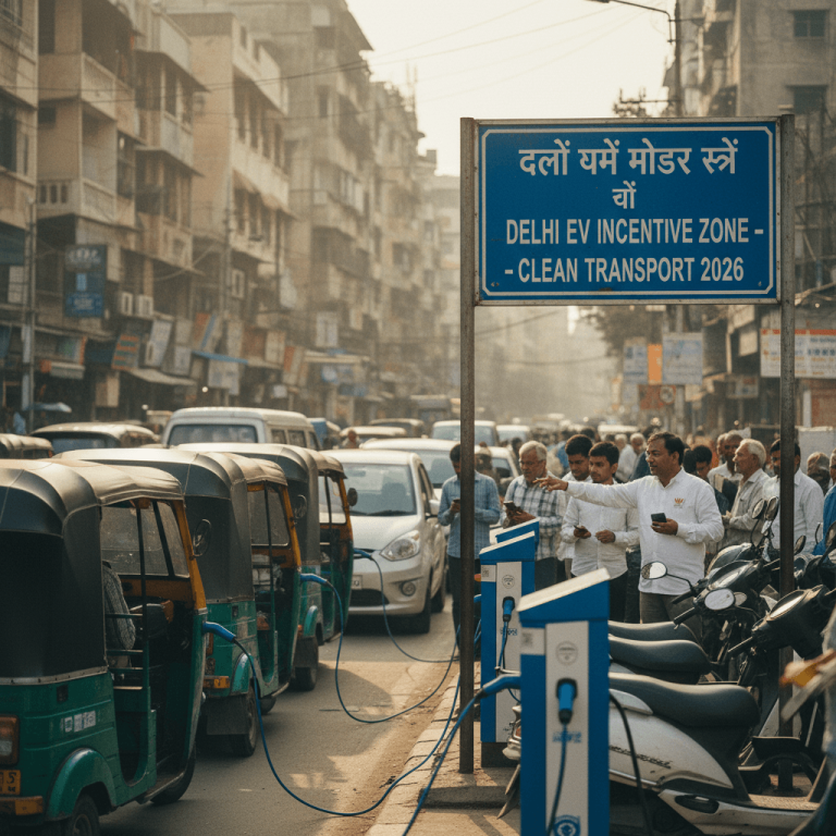 A busy Delhi street scene with several auto-rickshaws and scooters charging at blue EV stations. A sign reads "Delhi EV Incentive Zone - Clean Transport 2026."