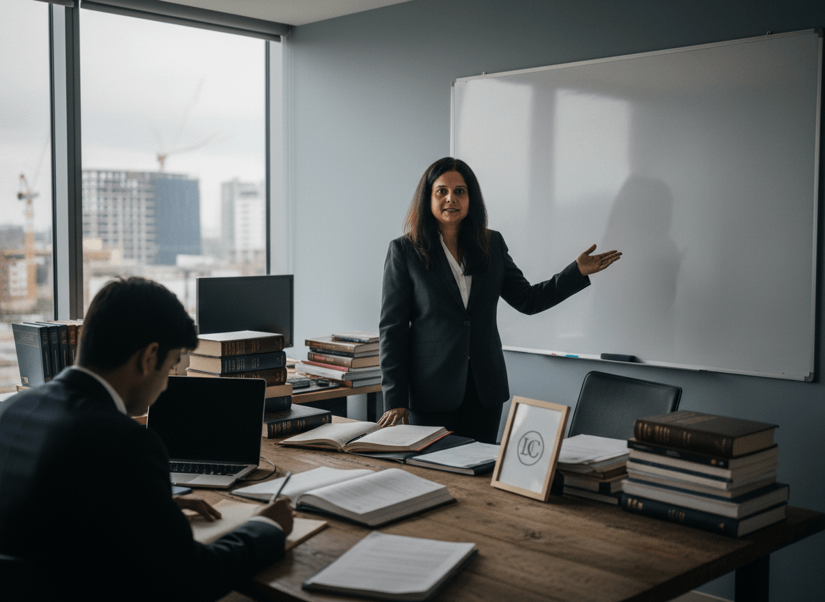 A lawyer, Poornima Hatti, stands at a desk in a modern office, gesturing towards a whiteboard while a colleague works.