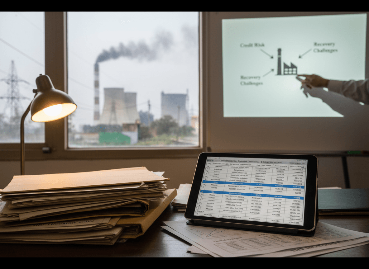 A person points at a "Credit Risk" chart during a presentation with a power plant visible outside a window.