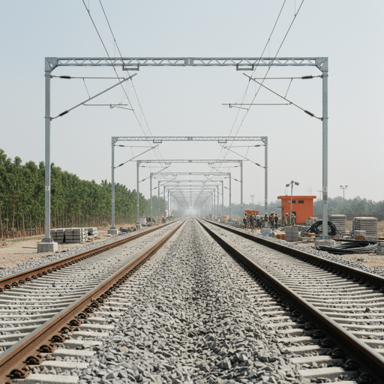 A wide shot of two parallel railway tracks extending into the distance, with workers and construction materials visible on the right.