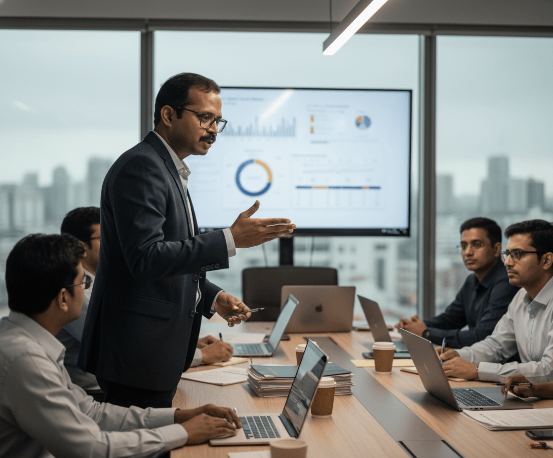 A business leader in a suit gestures while speaking to a team of colleagues at a conference table, with financial charts on a screen.