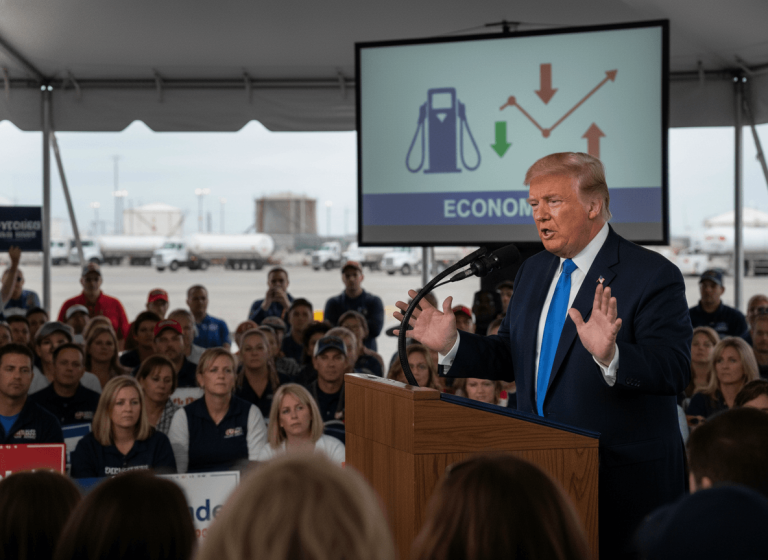 Donald Trump speaks at a podium outdoors, gesturing with his hands. A screen behind him shows a gas pump icon and fluctuating arrows.