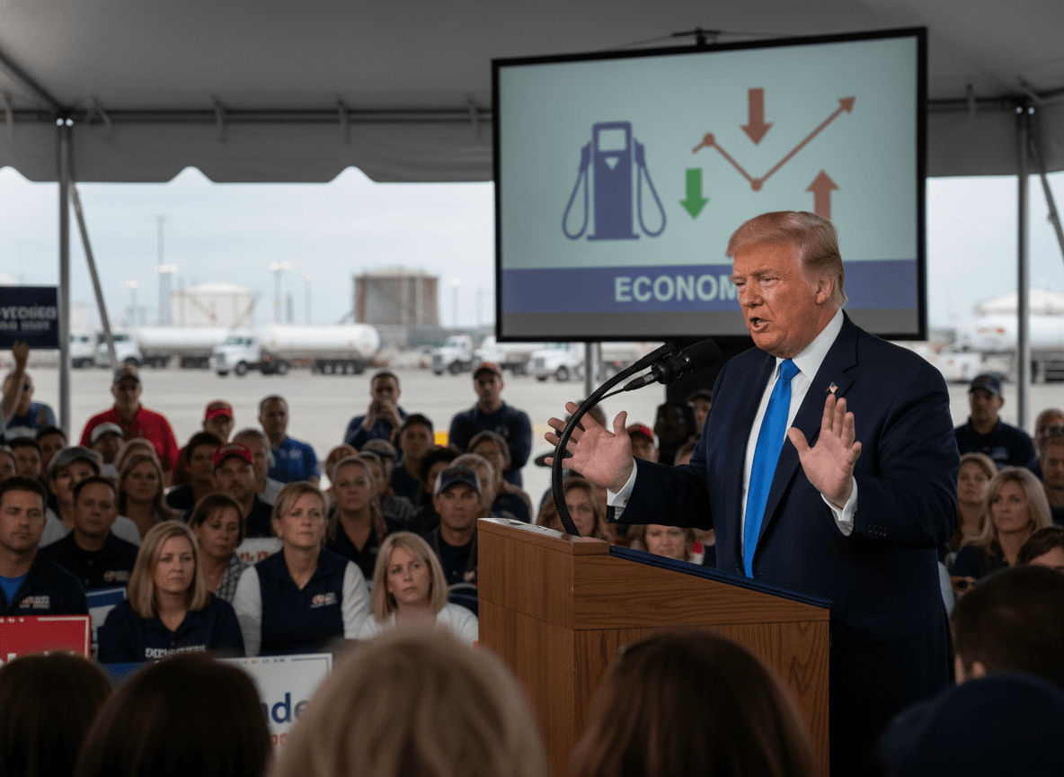 Donald Trump speaks at a podium outdoors, gesturing with his hands. A screen behind him shows a gas pump icon and fluctuating arrows.