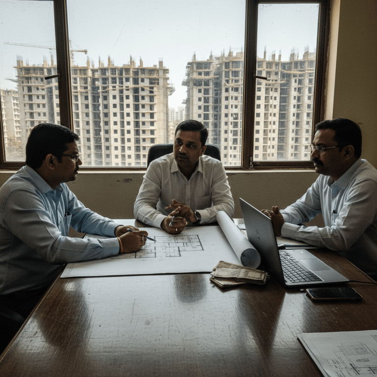 Three men in a sunlit office review building plans, with partially constructed high-rise buildings visible through the large window behind them.