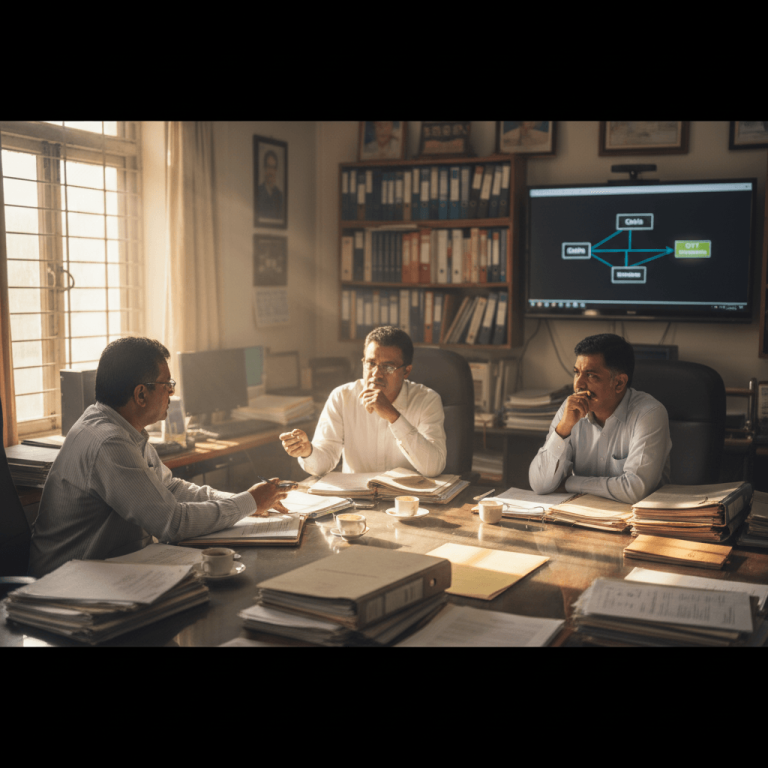 Three Indian government officials in a sunlit office, intensely discussing documents at a large conference table.