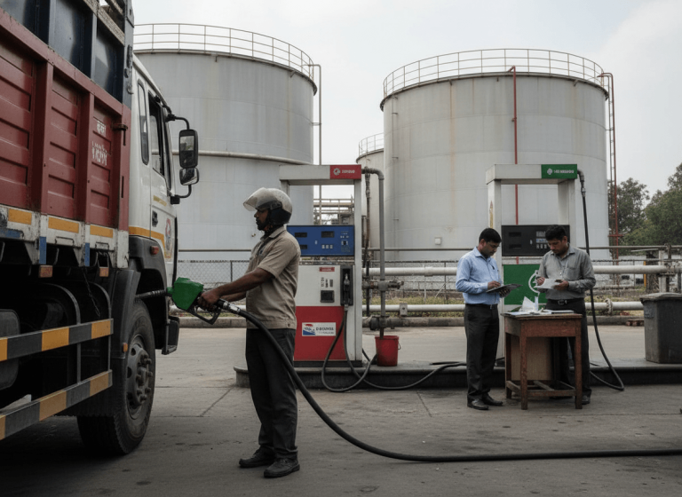 A truck is refueled at a diesel depot, with large storage tanks in the background and two men reviewing papers.