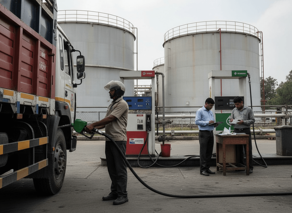 A truck is refueled at a diesel depot, with large storage tanks in the background and two men reviewing papers.