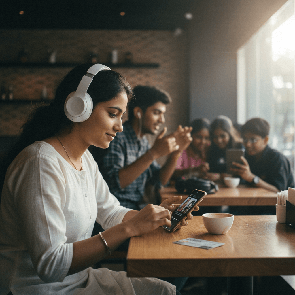 A young Indian woman wearing white headphones, smiling while scrolling through music on her smartphone in a cafe.