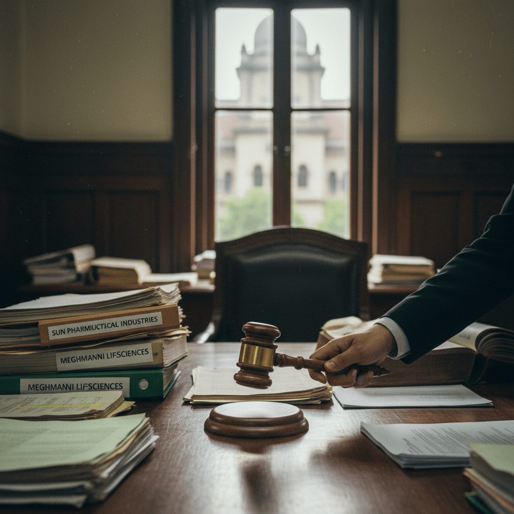 A judge's hand holds a gavel, poised to strike a sound block on a wooden courtroom desk amidst stacks of legal files.