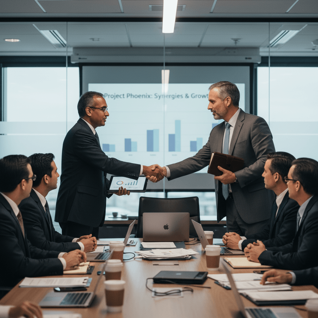 Two male executives in suits shake hands across a conference table, surrounded by other professionals in a modern office.