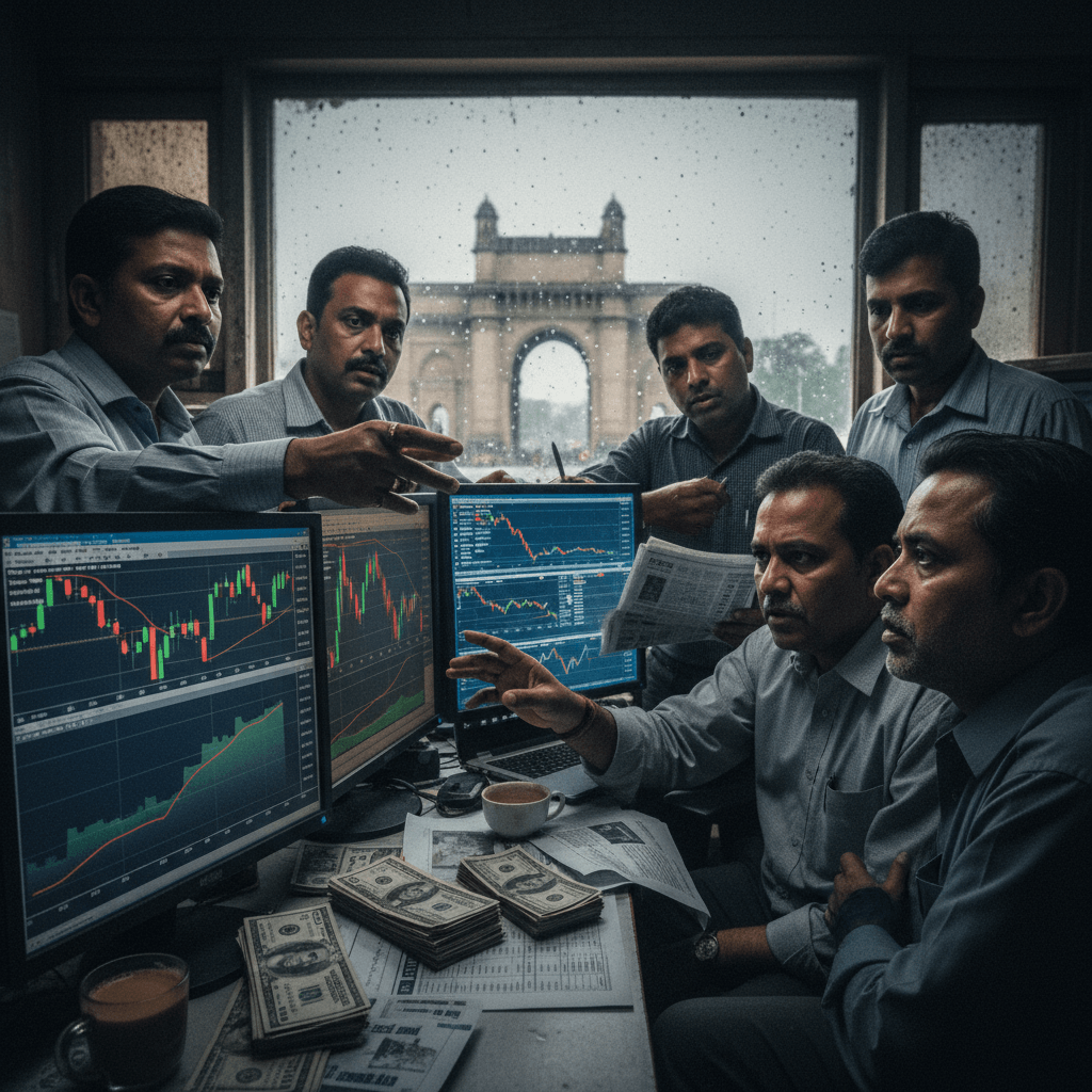 A group of Indian traders in a dimly lit office, surrounded by monitors displaying stock charts and scattered money.