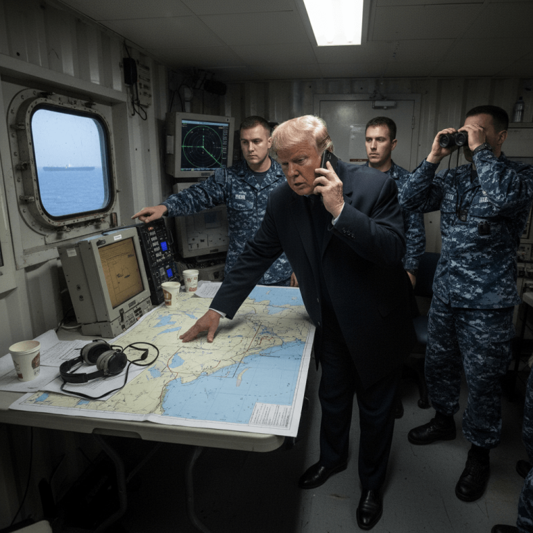 Former President Trump in a dark suit on a phone call, pointing at a map on a table with a naval officer.