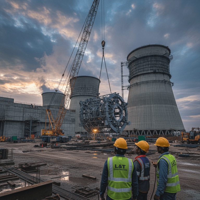 Three construction workers in hard hats and safety vests stand, looking at a large piece of equipment being lifted by a crane at a nuclear power plant construction site.