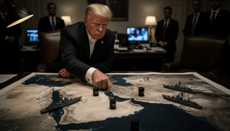 Donald Trump, surrounded by advisors, points intently at a map of the Middle East with miniature oil barrels and ships.