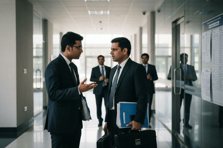 Two men in suits intensely discussing in a brightly lit hallway, with other blurred figures and a glass door in the background.