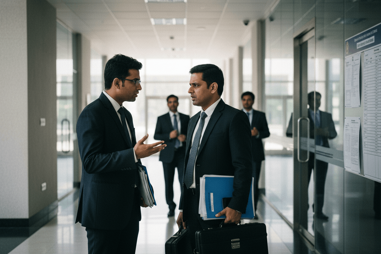 Two men in suits intensely discussing in a brightly lit hallway, with other blurred figures and a glass door in the background.
