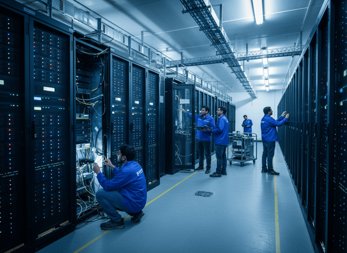 Indian technicians in blue uniforms work on rows of glowing server racks in a large, modern data center.
