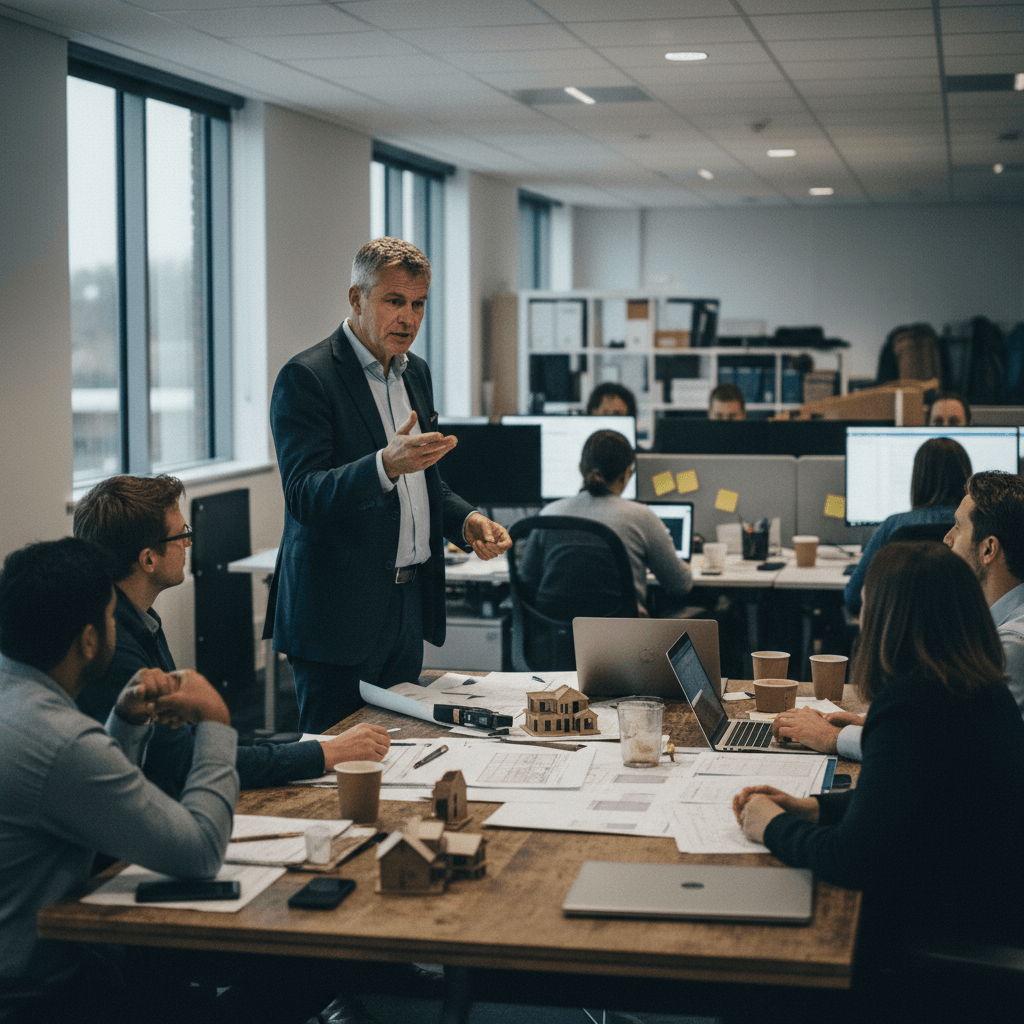 An executive, mid-sentence, stands at a large wooden table in an office, addressing several seated colleagues.