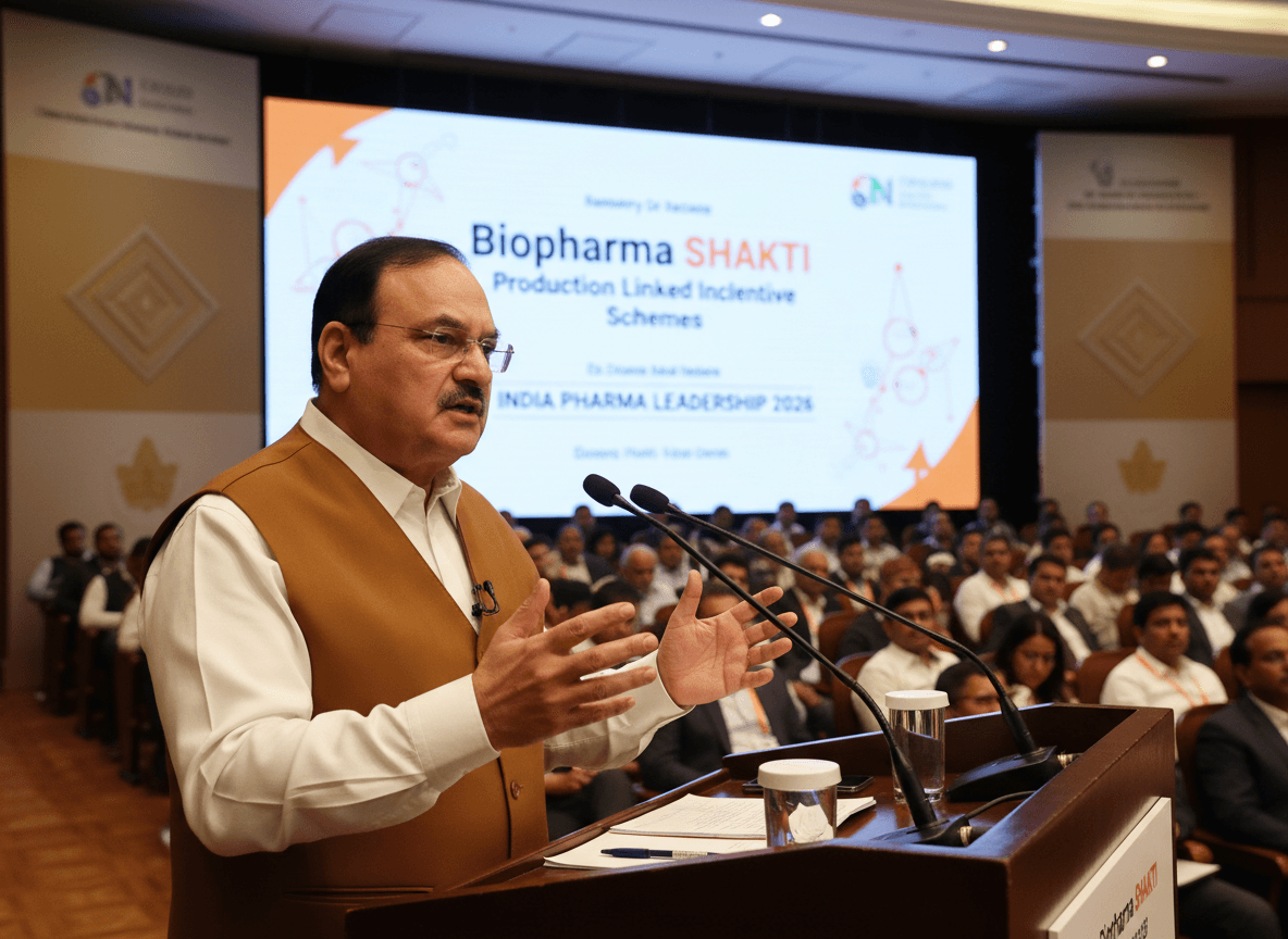 J. P. Nadda, an Indian politician, speaks at a podium during a pharmaceutical conference, gesturing with his hands.