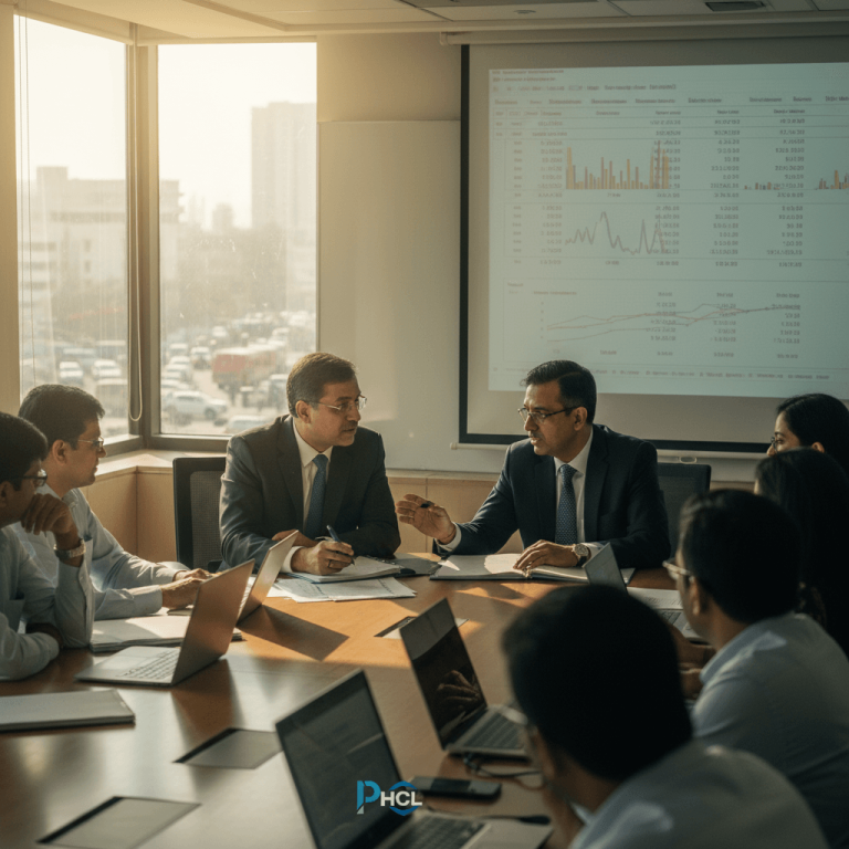 A group of executives, mostly men, in suits around a conference table with laptops and a projected presentation.