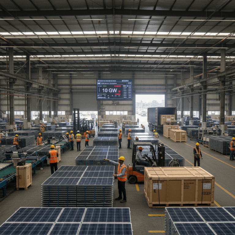 A wide shot of a bustling solar panel manufacturing facility with workers, forklifts, and stacks of solar panels.