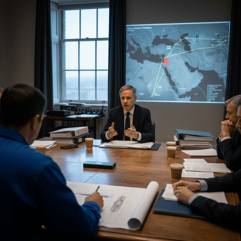 Keir Starmer speaks at a large wooden table to a group of officials, with a map of the Middle East projected behind him.