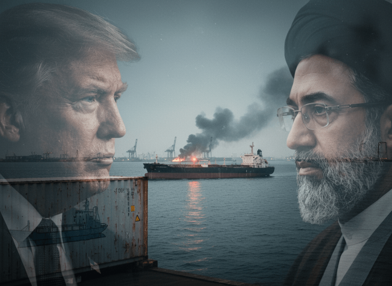 A composite image of Donald Trump and an Iranian leader overlaid on a scene of a burning oil tanker at sea.