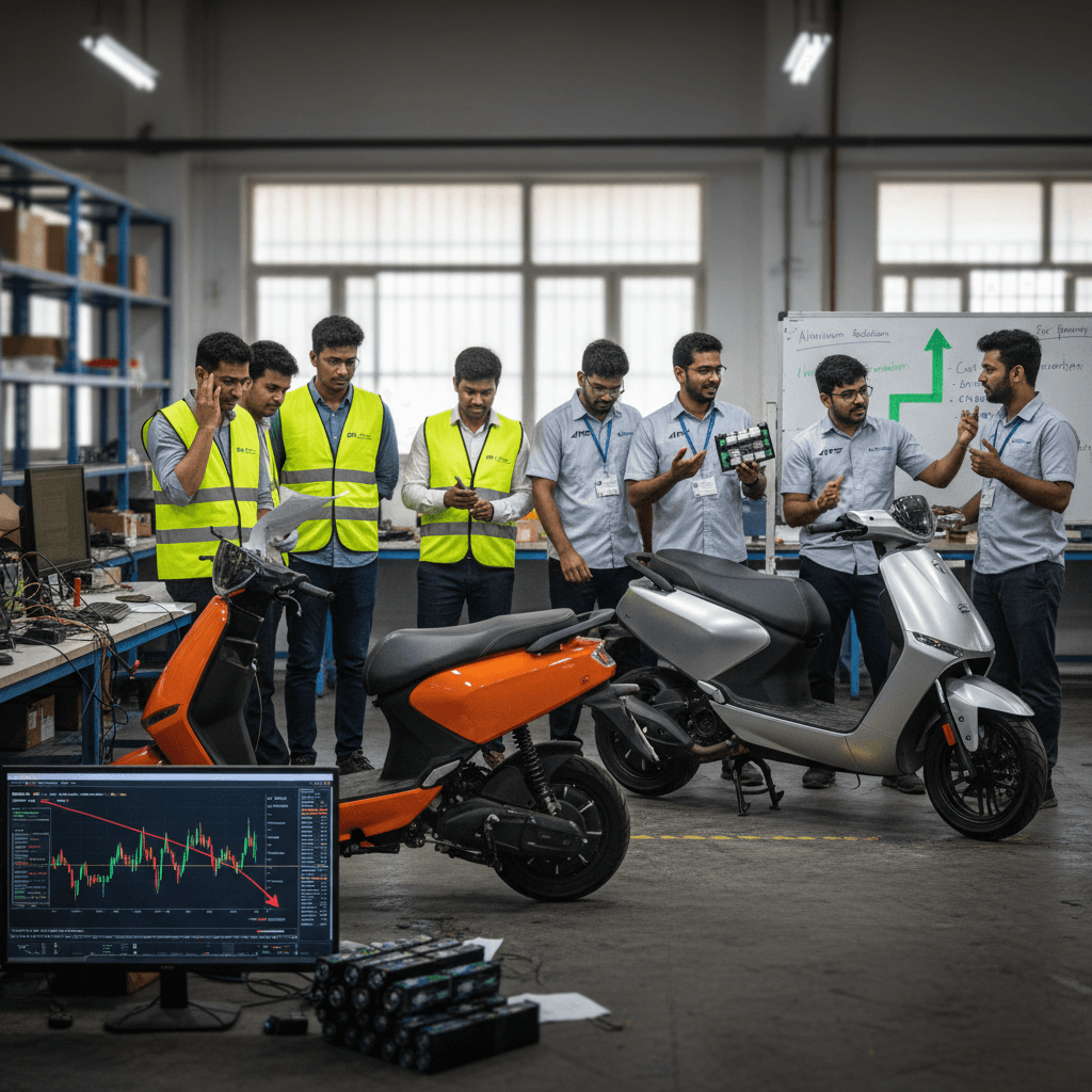 Engineers in a workshop, some wearing vests, examining electric scooters and components, with a monitor displaying market trends.