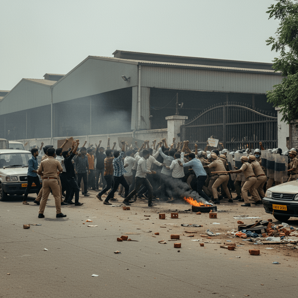 A raw photo of a protest in India, with workers clashing with police near an industrial building.