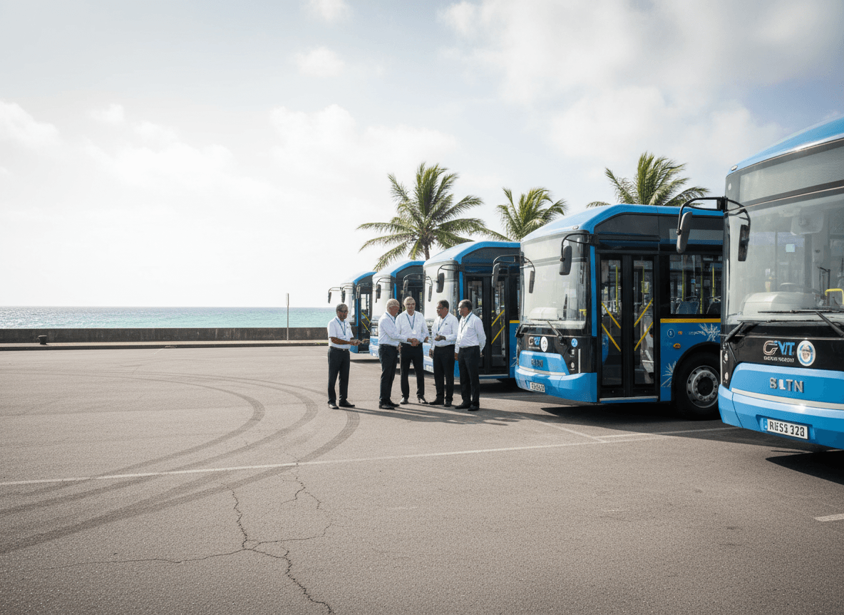 Five men in white shirts and dark trousers stand conversing beside a line of blue electric buses near the ocean.