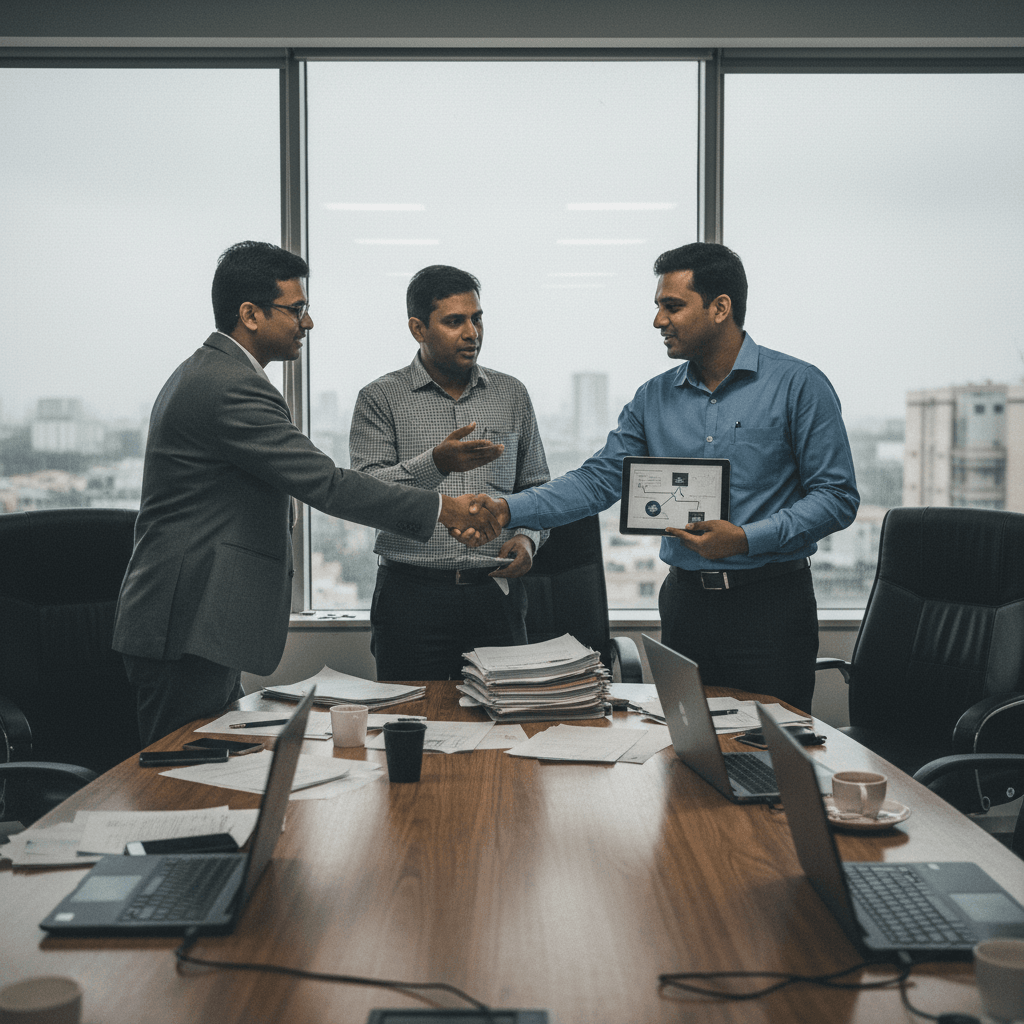Three men in business attire, one holding a tablet with charts, shake hands in a modern office with city views.