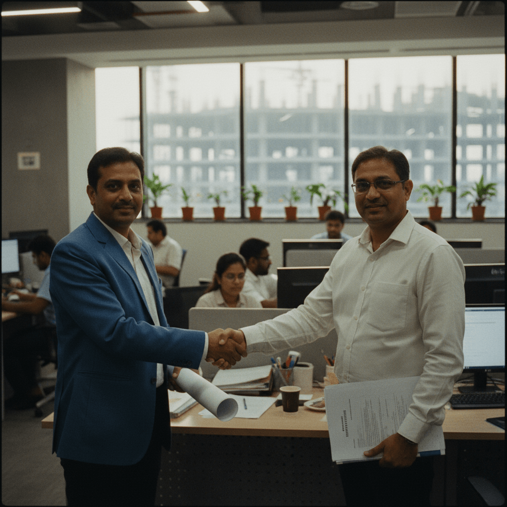 Two men in professional attire shake hands in a busy office with natural light, signifying a business agreement.