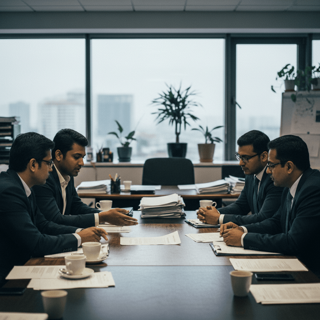 Four men in suits are seated at a large conference table, deeply engaged in discussion over numerous documents.