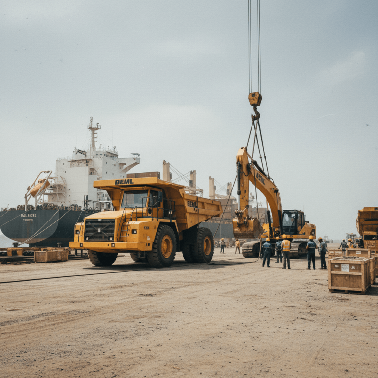 A large yellow BEML dump truck and excavator on a dock with workers, being prepared for loading onto a cargo ship.