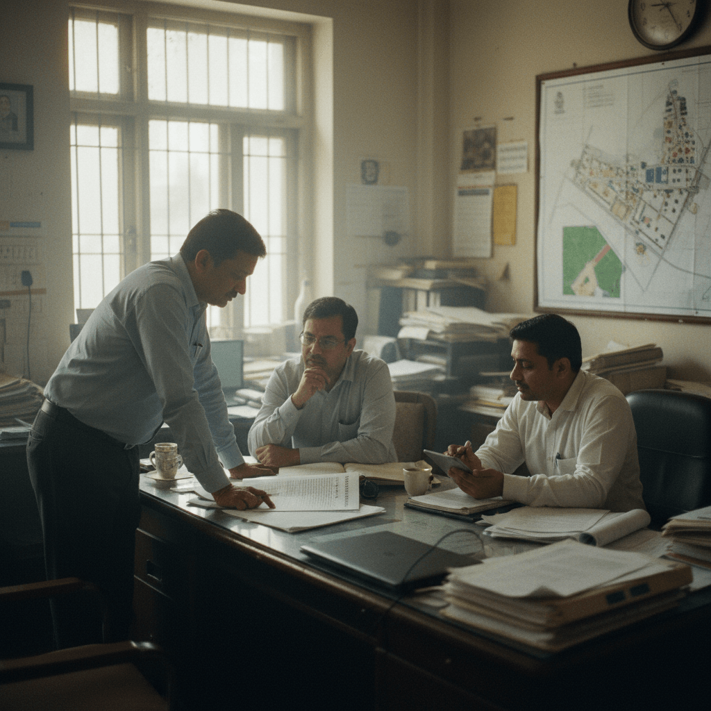 Three Delhi government officials in an office, one standing and two seated at a cluttered desk, reviewing documents.
