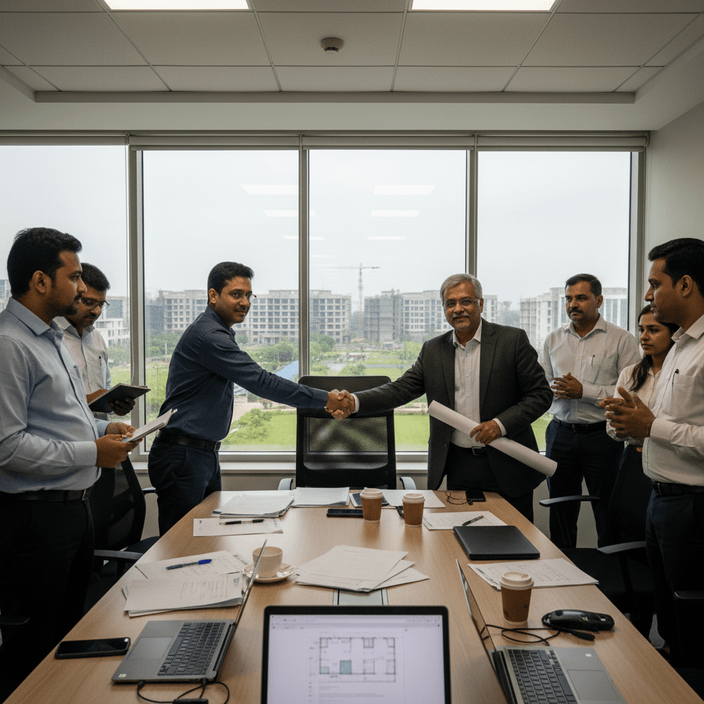 Two men in business attire shake hands across a conference table, surrounded by colleagues. Papers and laptops are on the table.
