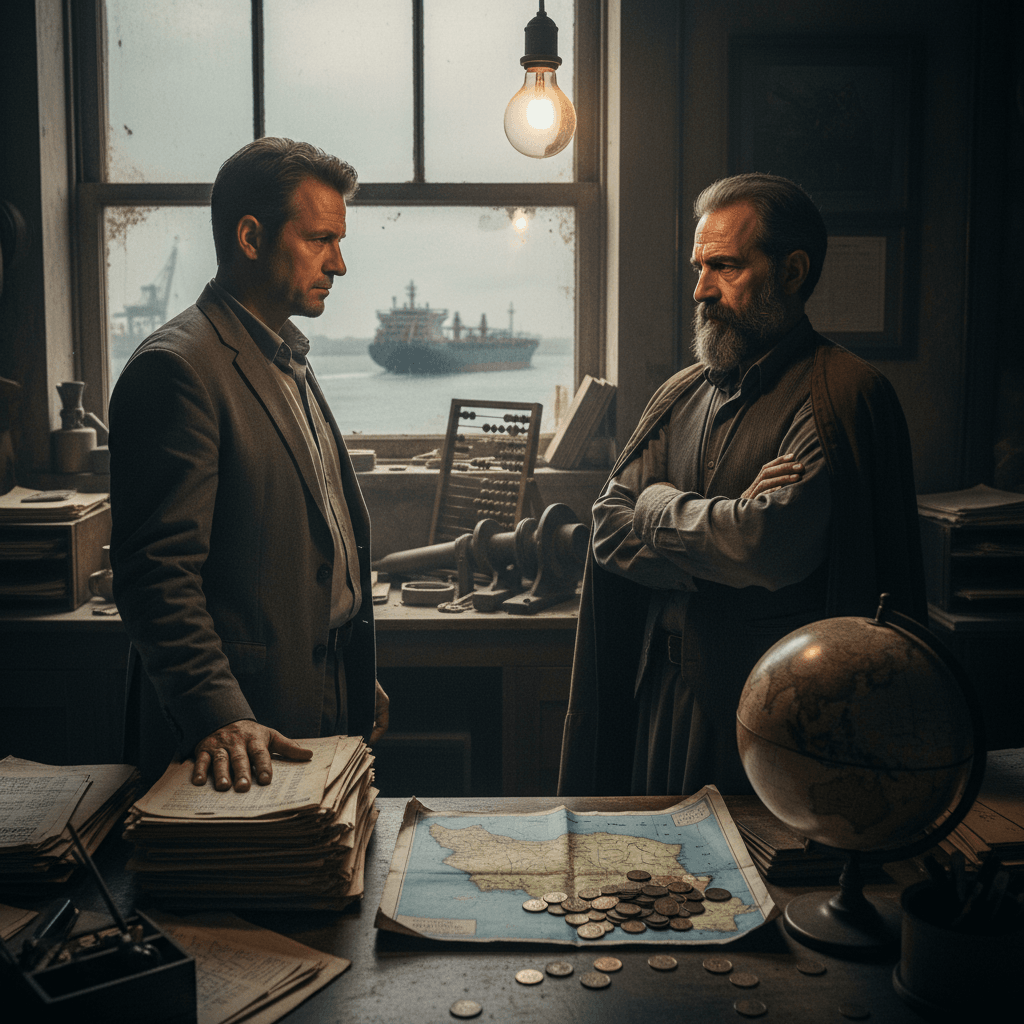 Two serious-looking men, one in a suit, the other bearded, stand over a desk with a map and coins, a ship visible outside.