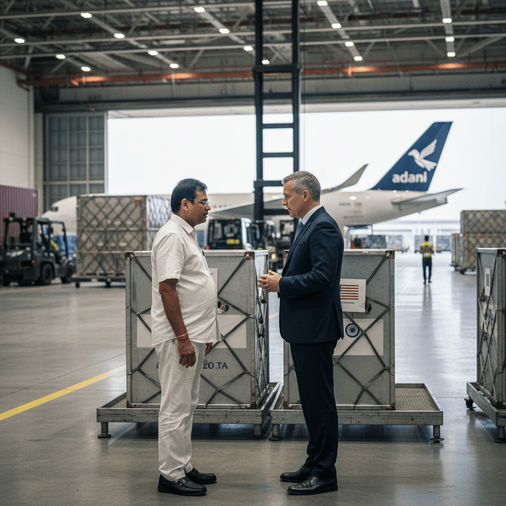 Two men, one in a suit and one in traditional Indian attire, stand talking in an airport cargo bay with a plane in the background.