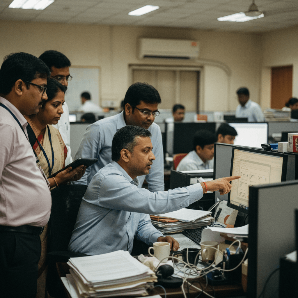 Candid shot of Indian government officials in a busy office, focused on a computer screen.