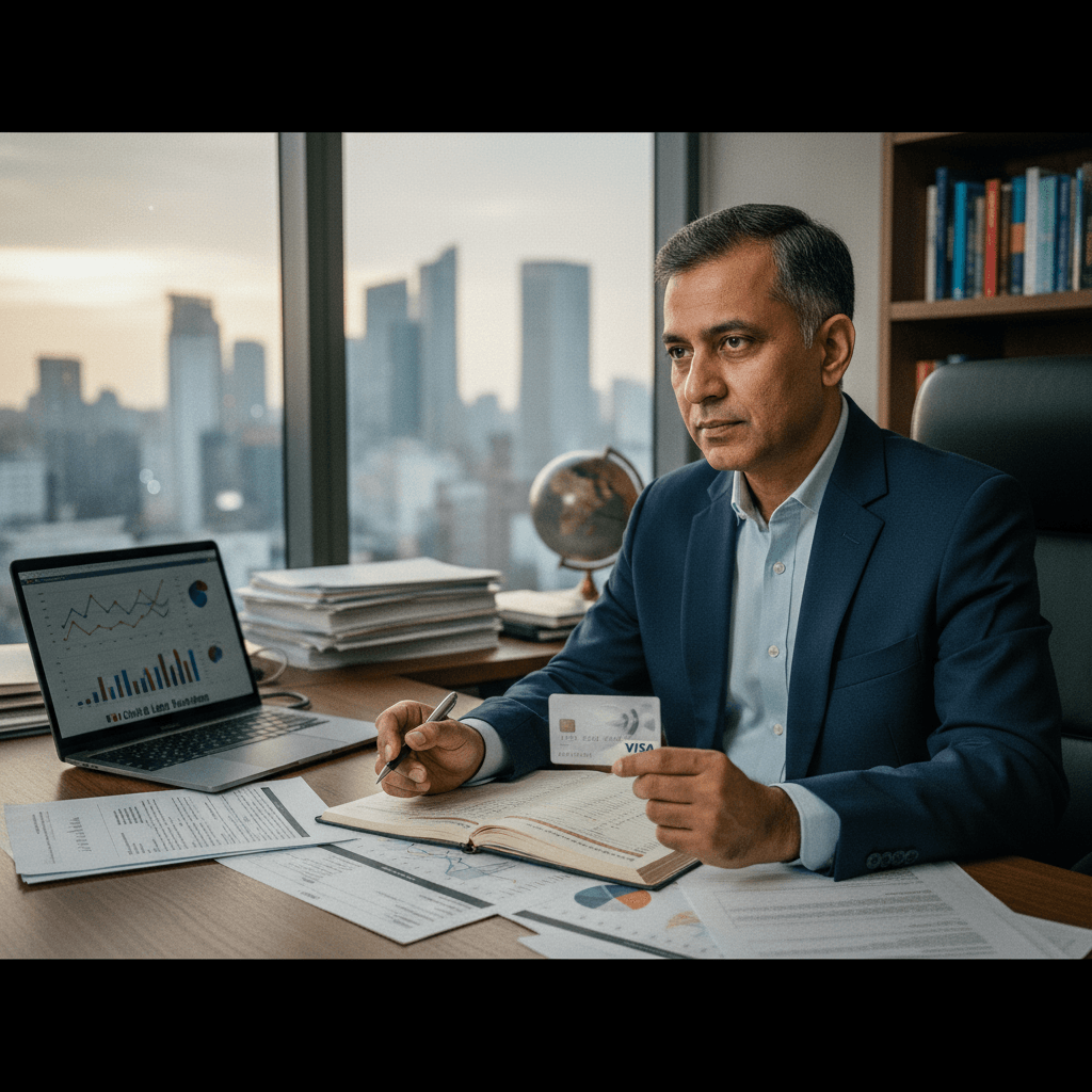 Sameer Gandhi, an executive, sits at a desk with a laptop and papers, holding a Visa card, overlooking a city skyline.