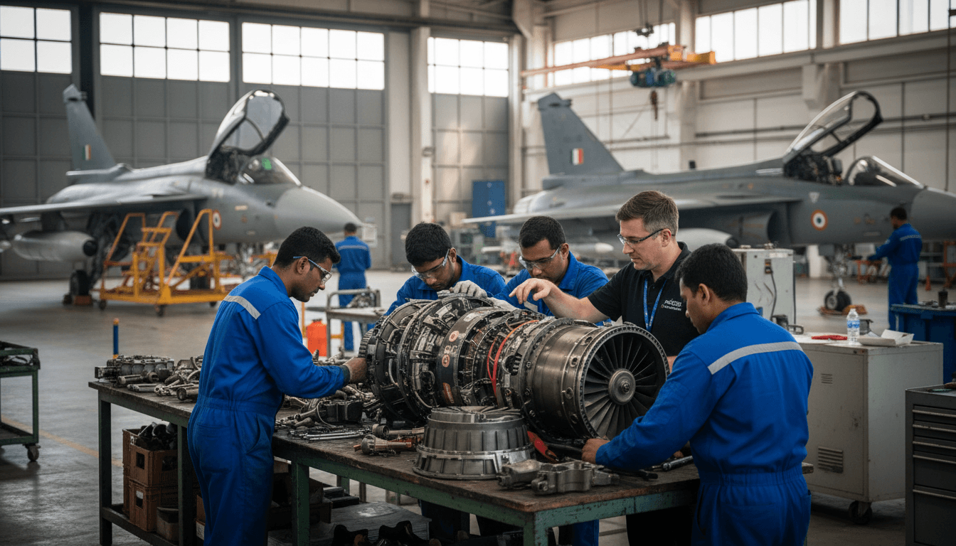 Four men, three in blue overalls and one in a black polo, work on a large jet engine component in a hangar. Two fighter jets are in the background.