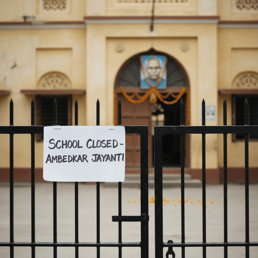 A "SCHOOL CLOSED - AMBEDKAR JAYANTI" sign hangs on a black metal gate in front of a school building.